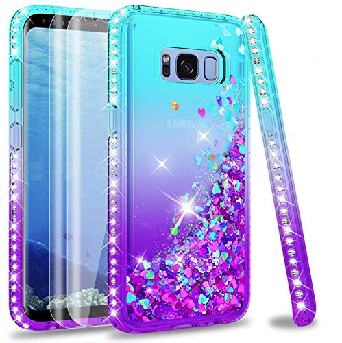 LeYi Hülle Galaxy S8 Glitzer Handyhülle mit Full Cover 3D PET Schutzfolie(2 Stück),Diamond Rhinestone Bumper Schutzhülle für Case Samsung Galaxy S8 Handy Hüllen ZX Gradient Turquoise Purple von LeYi