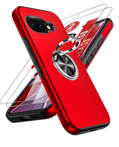 LeYi Hülle für Google Pixel 9A Handyhülle kompatibel mit 2*Schutzfolie, TPU Militärschutz Hybrid Schutzhülle mit 360° Metall Ring Halter Ständer Stoßfest Case Cover Rot von LeYi