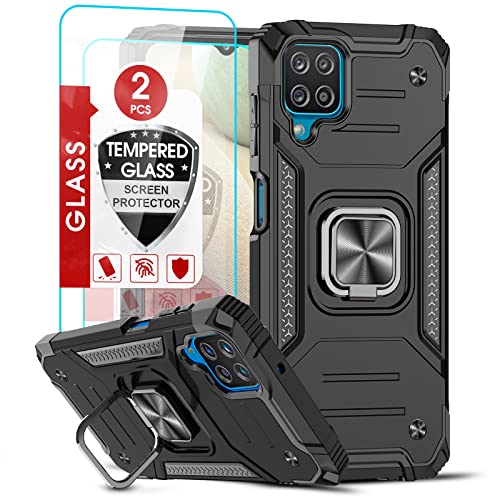 LeYi Hülle für Samsung Galaxy A12/M12/A12 Nacho Handyhülle und 2*Panzerfolie Schutzfolie, Hybrid Schutzhülle Militär Standard Armor Stoßfest Case Ring Halter Handy Hüllen Bumper Cover Schwarz von LeYi