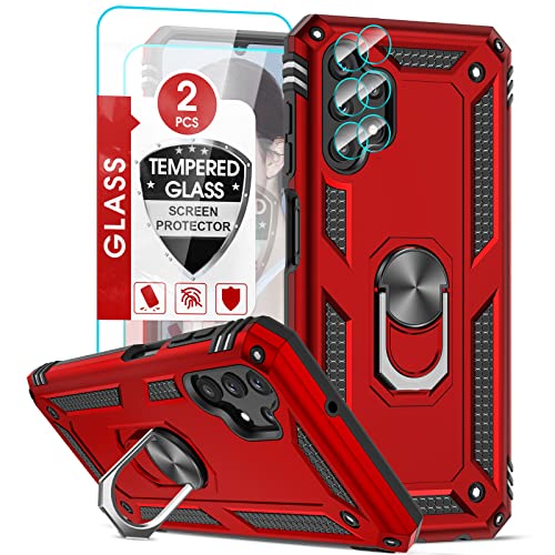 LeYi Hülle für Samsung Galaxy A13 4G Ringhalterung Schutzhülle und 2*Glasfolie Schutzfolie&2*Kamerafolie,Metallständer Case Stoßfest Kratzfeste Protective Handyhülle Handy Hüllen Cover Rot von LeYi