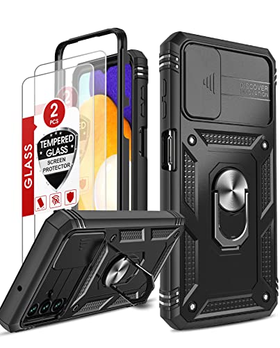 LeYi Hülle für Samsung Galaxy A13 5G/A04S Handyhülle Kameraschutz mit 2 Schutzfolie, Hybrid Kamera Schiebeabdeckung Schutzhülle Militär Standard Handy Case Metall Ring Ständer Schwarz von LeYi