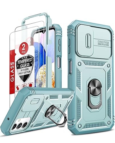 LeYi Hülle für Samsung Galaxy A14 5G/A 14 4G Slide Kamera Klappe Handyhülle & 2 Hartglas Handyfolie, Metallständer Handy Hüllen Kamera Abdeckung Schutzhülle Robust Fallschutz Case Halterung Cover Grün von LeYi