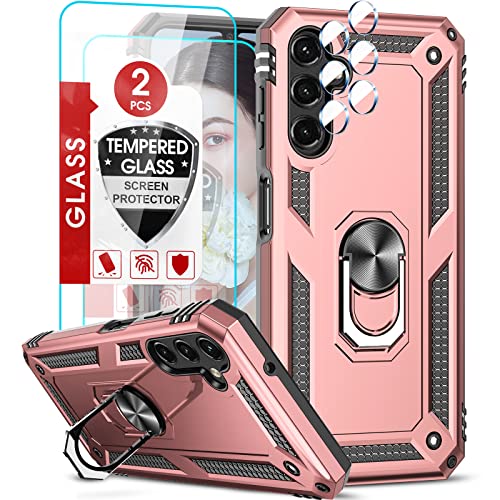 LeYi Hülle für Samsung Galaxy A14 5G/A14 4G Stoßfest Handyhülle [2 Hartglas Schutz Folie 2 kamera abdeckung], Kratzfest Case Metallring Halterung Ständer Handy Hüllen Stoßdämpfung Schutzhülle Rosegold von LeYi