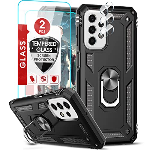 LeYi Hülle für Samsung Galaxy A23/A23 5G Ständer Handyhülle mit 2*Glasfolie Schutzfolie&2*Kamera Folie,Militär Standard Stoßfest Case Metall Ring Handy Hüllen Outdoor Schutzhülle Cover Jungen Schwarz von LeYi