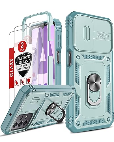 LeYi Hülle für Samsung Galaxy A23 5G Slide Kamera Klappe Handyhülle & 2*Hartglas Handyfolie,Metallständer Kamera Abdeckung Schutzhülle Robust Fallschutz Case Halterung Handy Hüllen Cover Grün von LeYi