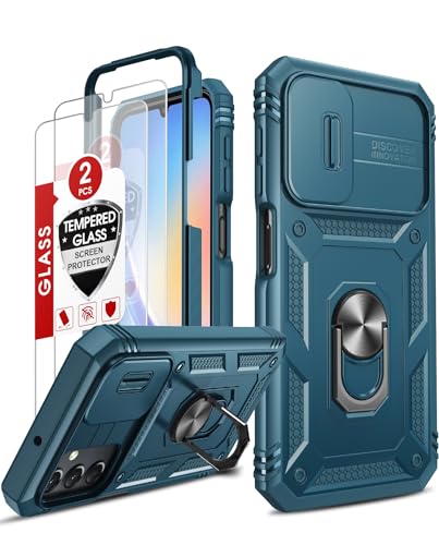 LeYi Hülle für Samsung Galaxy A24 4G Objektivschutz Handyhülle & 2*Glasfolie Schutzglas,Hybrid Kammeraabdeckung Schutzhülle Outdoor Ringhalterung Cover Kratzfest Case Halter Handy Hüllen Blau von LeYi