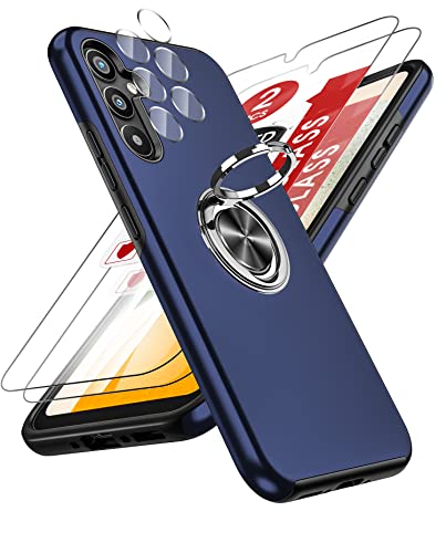 LeYi Hülle für Samsung Galaxy A34 5G Handyhülle mit 2*Panzerfolie & 2*Kamera Folie, TPU Militärschutz Hybrid Schutzhülle mit 360° Metall Ring Halter Ständer Stoßfest Case Cover Blau von LeYi