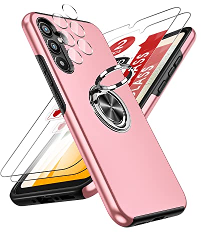 LeYi Hülle für Samsung Galaxy A34 5G Handyhülle mit 2*Panzerfolie & 2*Kamera Folie, TPU Militärschutz Hybrid Schutzhülle mit 360° Metall Ring Halter Ständer Stoßfest Case Cover Rosa von LeYi