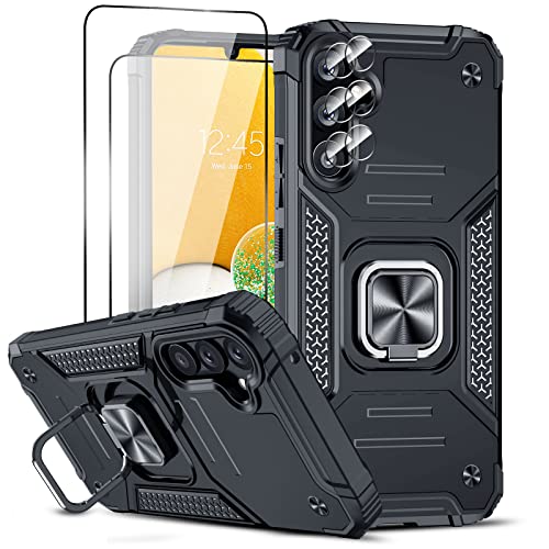 LeYi Hülle für Samsung Galaxy A34 5G Rugged Armor Handyhülle mit 2*Panzerfolie & 2*Kamera Schutzfolie, Militärischer Ständer Schutzhülle 360° Metall Ring Halter Stoßfest Hardcase Cover Schwarz von LeYi