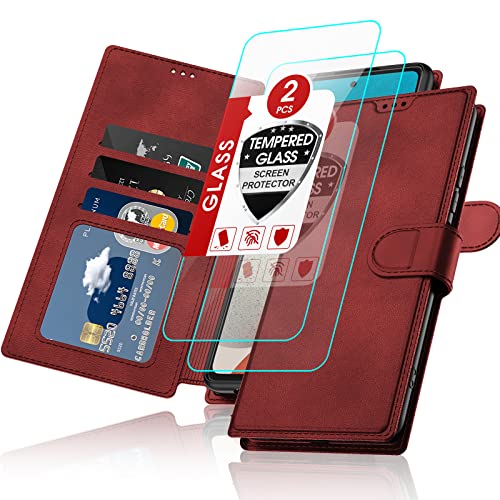 LeYi Hülle für Samsung Galaxy A53 5G Handyhülle mit 2 Stück Panzerfolie, Premium PU Leder Schutzhülle Stoßfeste Magnetische Tasche Klapphülle Flip Case Brieftasche Etui mit Standfunktion Rot von LeYi