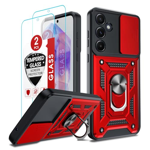 LeYi Hülle für Samsung Galaxy A55 5G Kameraschieber Handyhülle [2 Hartgals Glasfolie] Militärschutz Metallring Schutzhülle Schiebekamera Abdeckung Drehhalter Outdoor Case Stoßfest Handy Cover Rot von LeYi