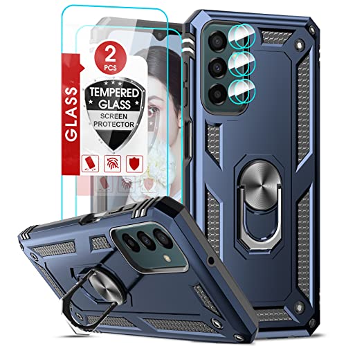 LeYi Hülle für Samsung Galaxy M23 5G/M13 4G Metall Ring Handyhülle mit 2 Schutzfolie & 2 Objektivschutz, Militärschutz Stoßfest Robust Cover Halter Metallständer Handy Hüllen Bumper Schutzhülle Blau von LeYi