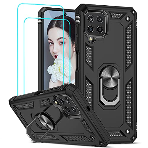 LeYi Hülle für Samsung Galaxy M32 4G Handyhülle A22 4G&2*Schutzglas Schutzfolie,360 Grad Ring Halter Ständer Handy Hüllen Militär Standard Fallschutz Stoßfest Cover Bumper Schutzhülle Case Schwarz von LeYi