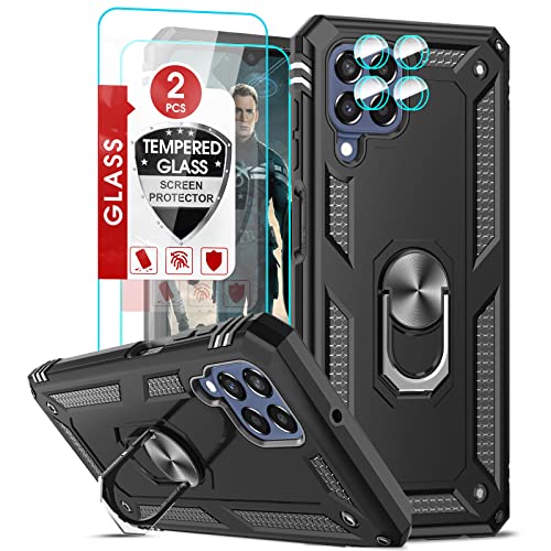 LeYi Hülle für Samsung Galaxy M33 5G Ständer Handyhülle mit 2*Schutzglas & 2*Kamera Folie,Militär Standard Stoßfest Case Metall Ring Fallschutz Handy Hüllen Outdoor Schutzhülle Cover Jungen Schwarz von LeYi