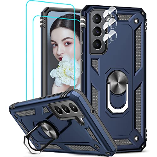 LeYi Hülle für Samsung Galaxy S21 FE 5G Metall Ring Handyhülle mit 2*Schutzglas &2*Kamera Folie,Militär Muster Stoßfest Robust Case Halter Handy Hüllen Bumper Schutzhülle Cover Blau von LeYi