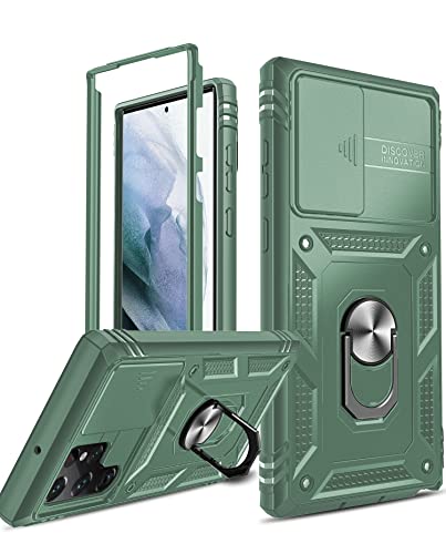 LeYi Hülle für Samsung Galaxy S22 Ultra 5G Kameraschutz Handyhülle(Nicht S22 5G)(Nein Schutzfolie),Hybrid Schutzhülle Militär Standard Case Schiebeabdeckung MetallRing Ständer Handy Hüllen Cover Grün von LeYi