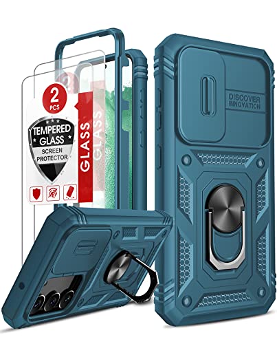 LeYi Hülle für Samsung Galaxy S23 5G Objektivschutz Handyhülle & 2*Glasfolie Schutzglas,Hybrid Kammeraabdeckung Schutzhülle Outdoor Ringhalterung Cover Kratzfest Case Halter Handy Hüllen Blau von LeYi