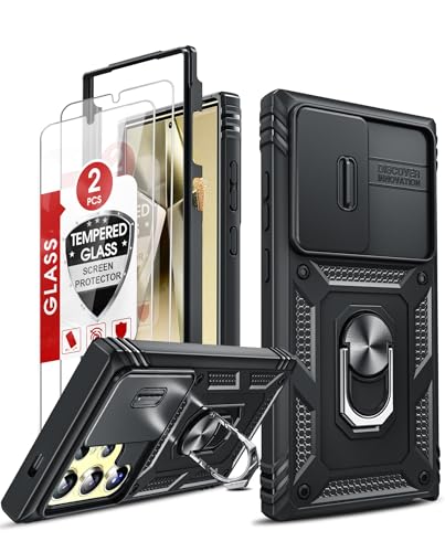 LeYi Hülle für Samsung Galaxy S24 Ultra 5G Kameraschutz Handyhülle [2 Glasfolie Schutzglas] Hybrid Metallring Ständer Cover Outdoor Case Objektivschutz Schutzhülle Militär S 24 Ultra Stoßfest Schwarz von LeYi