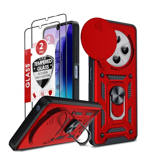 LeYi Hülle für Xiaomi Redmi 14C 4G Case [2*Displayschutzfolie] Militärschutz Metallring Schiebekamera Abdeckung Schutzhülle Drehhalter Handyhülle Stoßfest Kameraschieber 14 C 4 G Handy Cover Rot von LeYi