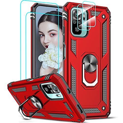 LeYi Hülle für Xiaomi Redmi Note 10 4G/Note 10S Metall Ring Handyhülle mit 2*Schutzglas Panzerfolie & 2*Kamera Folie,Militär Muster Stoßfest Case Ständer Stoßstange Handy Hüllen Schutzhülle Cover Rot von LeYi