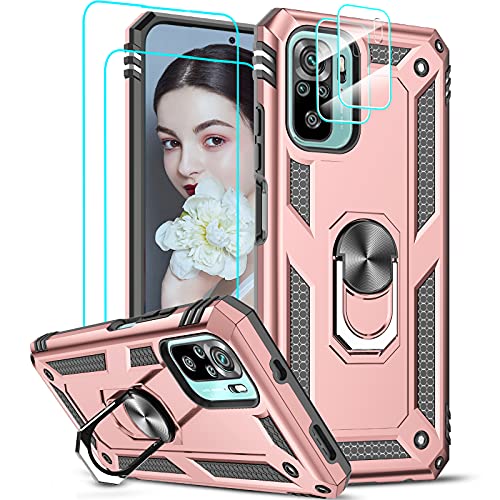 LeYi Hülle für Xiaomi Redmi Note 10 4G/Note 10S Stoßfest Handyhülle mit 2*Panzerglas Schutz Folie & 2*Kamera Abdeckung,Kratzfest Case Metallring Halter Ständer Handy Hüllen Schutzhülle Cover Rosegold von LeYi