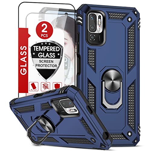 LeYi Hülle für Xiaomi Redmi Note 10 5G/Poco M3 Pro 5G Stoßfest Handyhülle mit Panzerfolie Schutzfolie(2 Stück),360 Grad Ring Halter Ständer Handy Hüllen Militär Standard Cover Schutzhülle Case Blau von LeYi