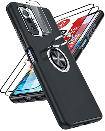 LeYi Hülle für Xiaomi Redmi Note 10 Pro/Note 10 Pro Max Handyhülle mit 2*Panzerfolie & 2*Kamera Folie, TPU+PC Hybrid Schutzhülle mit 360° Drehbar Ring Halter Ständer Stoßfest Case Cover Schwarz von LeYi