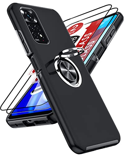 LeYi Hülle für Xiaomi Redmi Note 11/Note 11S 4G Kameraschutz Handyhülle & 2*Hartglas Folie, Hybrid Schutzhülle Militär Standard Stoßfest Case Handy Hüllen Cover mit Metall Ring Ständer Halter Schwarz von LeYi