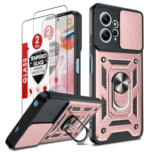 LeYi Hülle für Xiaomi Redmi Note 12 4G Kamera Schieber Schutzhülle & 2*Displayschutz Folie,Kameraklappe Militärische Rüstung Stehfunktion Handyhülle Kamera Objektivschutz Case Handy Hüllen Cover Rosa von LeYi