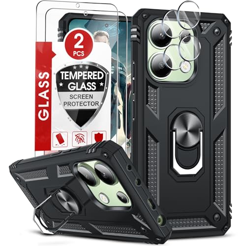LeYi Hülle für Xiaomi Redmi Note 13 4G Ständer Handyhülle mit 2 Schutzglas & 2 Kamera Folie, Militär Standard Stoßfest Case Metall Ring Cover Handy Hüllen Outdoor Schutzhülle Schwarz von LeYi