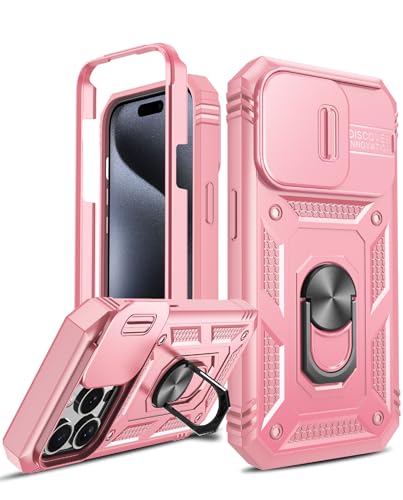 LeYi Hülle für iPhone 15 Pro Kamera Schieber Schutzhülle(Nein Schutzfolie), Kameraklappe Militärische Rüstung Stehfunktion Handyhülle Kamera Objektivschutz Case Handy Hüllen Cover Rosa von LeYi