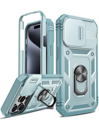 LeYi Hülle für iPhone 15 Pro Max Slide Kamera Klappe Handyhülle(Nein Schutzfolie), Metallständer Kamera Abdeckung Schutzhülle Robust Fallschutz Case Halterung Handy Hüllen Cover Grün von LeYi