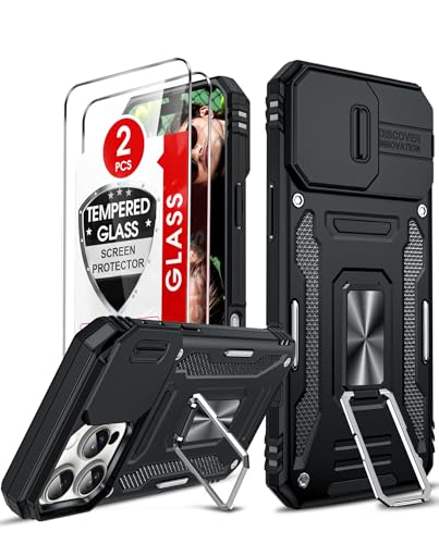 LeYi Hülle für iPhone 16 Pro Handyhülle [2 Hartglas Schutzfolie] Kameraschutz Case Metall Ring Ständer Cover Kamera Schiebeabdeckung Schutzhülle Militär für Apple i Phone 16 Pro Handy Hüllen Schwarz von LeYi