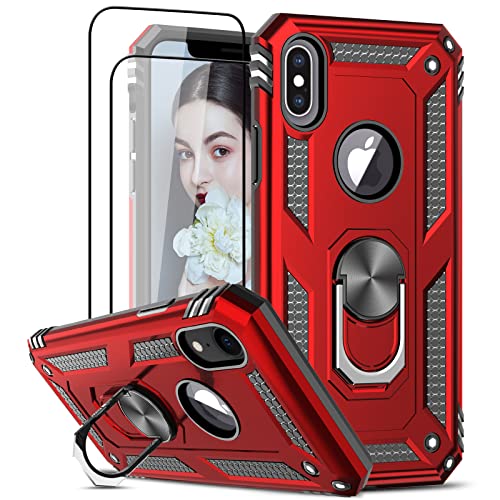 LeYi Hülle für iPhone X Handyhülle iPhone XS mit Panzerglas Schutzfolie(2 Stück),360 Grad Ring Halter Militärische Rüstung Handy Hüllen Stoßfest Cover Schutzhülle Case Rot von LeYi