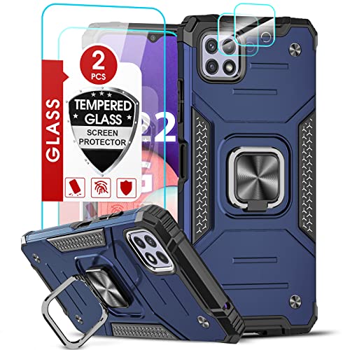 LeYi Hybrid Armor für Samsung Galaxy A22 5G Hülle mit 2 Stück Panzerfolie & 2 Kamera Schutzfolie, Militär Standard Handyhülle Stoßfest Kratzschutz Schutzhülle Tough Case Cover mit Ring Halter Blau von LeYi