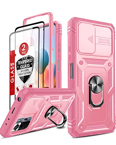 LeYi Kamera Schutz Hülle für Xiaomi Redmi Note 10 Pro/Note 10 Pro Max Handyhülle [2 Glasfolie Schutzglas], Linsenschutz Schutzhülle Outdoor Drehhalter Metallständer Cover Kratzfest Handy Hüllen Rosa von LeYi