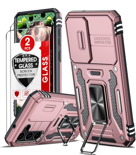 LeYi Kameraschieber Hülle für Samsung Galaxy S23/S 23 [2 Hartglas Handyfolie], Drehhalter Metallring Handyhülle Militärschutz Stoßfest Schutzhülle Schiebekamera Abdeckung Handy Hüllen Rosa von LeYi
