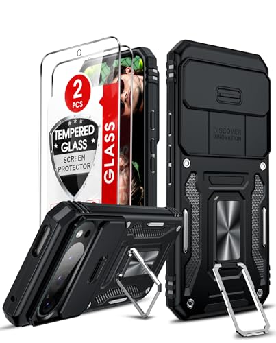 LeYi Kameraschutz Handyhülle für Google Pixel 9 Pro/Pixel 9 Hülle [2 Hartglas Schutzfolie] Militär Handy Hüllen mit Metall Ring Halter Schutzhülle Outdoor Kratzfest 6.3" Cover Pixel9 Case Schwarz von LeYi