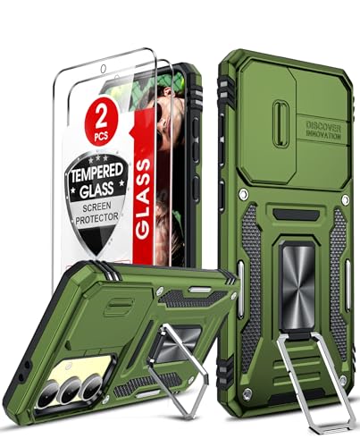 LeYi Kameraschutz Handyhülle für Samsung Galaxy S24 FE 5G Hülle [2 Glasfolie Schutzfolie], Militär Fallschutz Schutzhülle Fingerhalter Handy Hüllen Outdoor Cover S24FE 5 G Case Dunkelgrün von LeYi