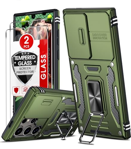 LeYi Kameraschutz Handyhülle für Samsung Galaxy S24 Ultra Hülle [2 Glasfolie Schutzfolie], Militär Standard Handy Hüllen Ständer Schutzhülle Outdoor Kratzfest Cover S 24 Ultra Case Dunkelgrün von LeYi