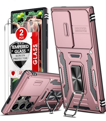 LeYi Kameraschutz Handyhülle für Samsung Galaxy S24 Ultra Hülle [2 Glasfolie Schutzfolie], Militär Standard Handy Hüllen Ständer Schutzhülle Outdoor Kratzfest Cover S 24 Ultra Case Rosa von LeYi