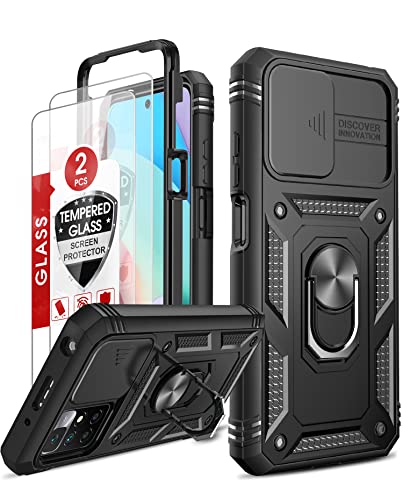 LeYi Kameraschutz Handyhülle für Xiaomi Redmi 10 Hülle (Nicht 10C/10 C) & 2 Schutzfolie, Hybrid Schutzhülle Ring Ständer Kamera Schiebeabdeckung Militär Handy Hüllen für Redmi 10 2022 Schwarz von LeYi