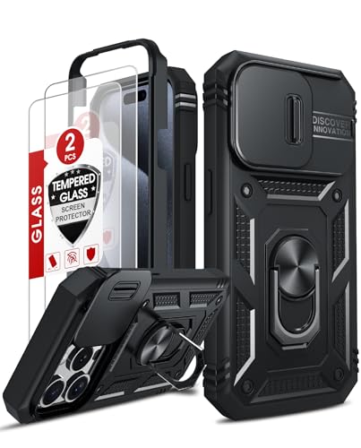LeYi Kameraschutz Hülle für iPhone 15 Pro Max [2 Hartglas Schutzfolie] Handyhülle Metall Ring Ständer Cover Case Kamera Schiebeabdeckung Schutzhülle Militär i Phone 15 Promax Handy Hüllen Schwarz von LeYi