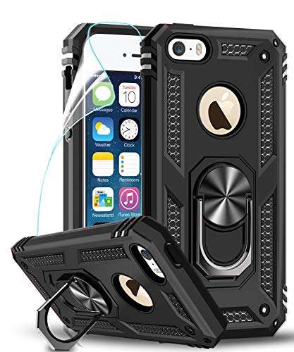 LeYi kompatibel with Hülle iPhone SE 2016/5S/5 Handyhülle mit Folie Schutzfolie,360 Grad Ringhalter Cover Bumper Stoßdämpfung Schutzhülle für Case Apple iPhone SE 2016 /5S/5 Handy Hüllen Schwarz von LeYi