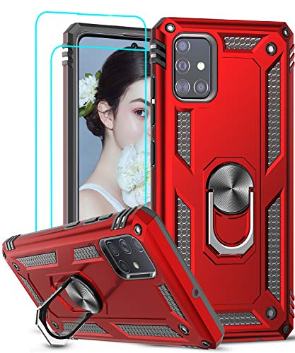 LeYi Schutzhülle für Samsung Galaxy A51 4G mit [2 Stück] Hartglas Ring Ständer Doppelschicht Verstärkte Verteidigung Bumper TPU Silikon stoßfest Rüstung Schutzhülle Samsung A51 Rot von LeYi