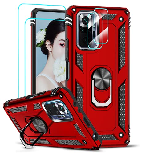 LeYi Schutzhülle für Xiaomi Redmi Note 10 Pro/Note 10 Pro Max mit 2 Hartglas und 2 Kameraschutz, Militärisches Design, stoßfest, Hartschale, Schutzhülle, Ring, Standfunktion, Rot von LeYi
