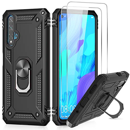 LeYi für Huawei Honor 20/Nova 5T Hülle mit Panzerglas Schutzfolie(2 Stück),360 Grad Ring Halter Handy Hüllen Cover Bumper Schutzhülle für Case Huawei Honor 20/Nova 5T Handyhülle Schwarz von LeYi