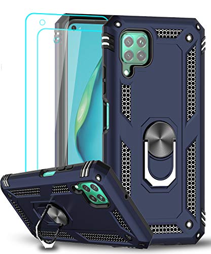 LeYi für Huawei P40 Lite Hülle mit Panzerglas Schutzfolie(2 Stück),360 Grad Ring Halter Handy Hüllen Cover Bumper Schutzhülle für Case Huawei P40 Lite Handyhülle Dunkelblau von LeYi