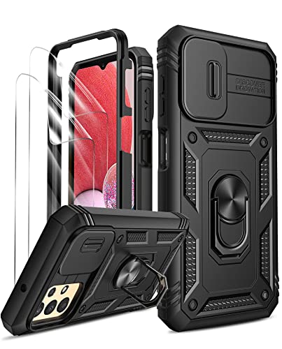 LeYi für Samsung Galaxy A13 Hülle, Handyhülle Samsung A13 4G Kameraschutz mit 2 Schutzfolie, Hybrid Militär Metall Ring Ständer Schutzhülle Kamera Schiebeabdeckung Case for Galaxy A13 Schwarz von LeYi