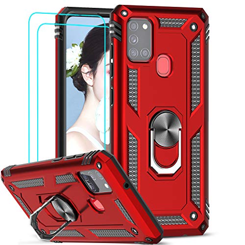 LeYi für Samsung Galaxy A21S Hülle mit Panzerglas Schutzfolie(2 Stück),360 Grad Ring Halter Handy Hüllen Cover Bumper Schutzhülle für Case Samsung Galaxy A21S Handyhülle Rot von LeYi